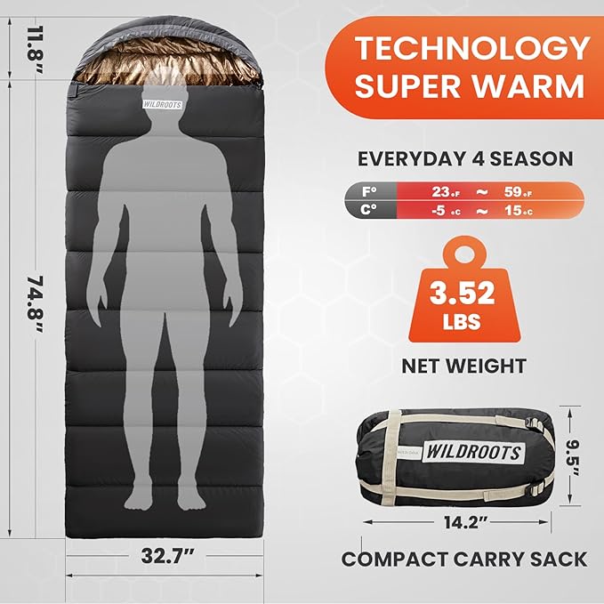WILDROOTS Warm Sleeping Bags for Adults Backpacking Lightweight Cold Weather Sleeping Bag for Warm Camping Hiking Outdoor Travel Hunting with Compression Bags