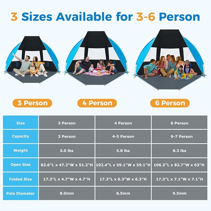 Gorich Portable Beach Tent for 3/4-5/6-7 Person with UPF 50+ UV Protection Lightweight &amp Foldable Sun Shelter with 5 Sand Bags Easy Setup Windproof Beach Umbrella Sun Shade
