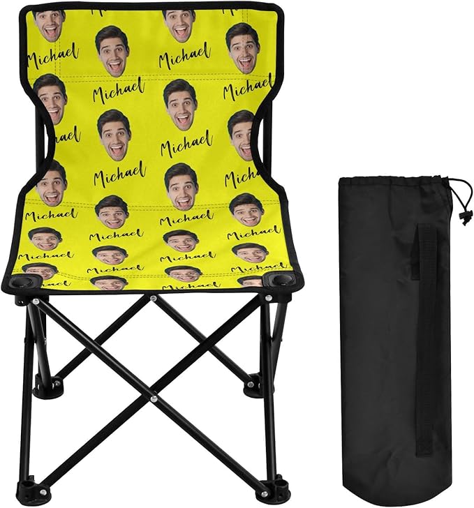 Sinestour Yellow Custom Photo Folding Camping Chair for Teen Child Personalized Name 14.6×14.6in Portable Outdoor Chair with Carry Bag for Beach Picnic Travel