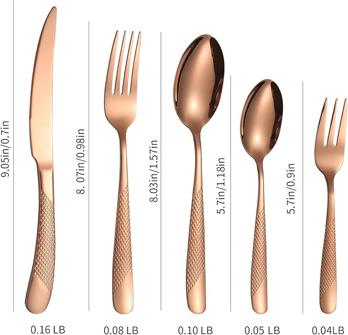Hammered Flatware Set Copper/Rose Gold Silverware 20 Piece Stainless Steel Service for 4 Forks Knives Spoons Heavy Thickened Handle Elegant Modern Design Kitchen Use Festival Parties
