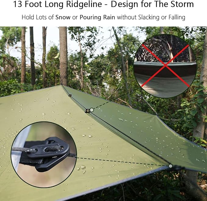 Hammock Rain Fly Tent Tarp Provides Effective Protection Against Rain Snow. 32ft Long Ridgeline. Big 9.8x9.5ft Durable Waterproof 210D Oxford. 6 Reflective Guy Lines 2 Stuff Sacks. Easy Assembly