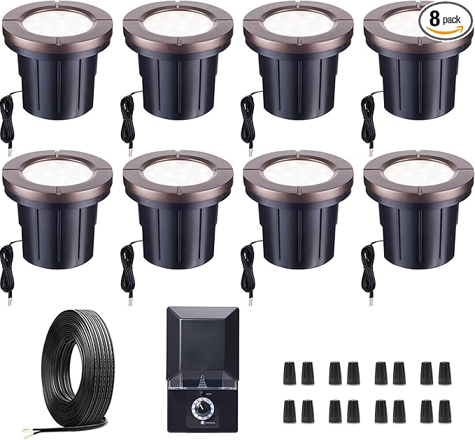 Landscape Well Light Kit 8 Pack LED Low Voltage In Ground Lights and 100W Transformer and 100FT Cable and 30 Wire Connectors IP67 Waterproof 12V Outdoor Aluminum for Sidewalk Tree Path
