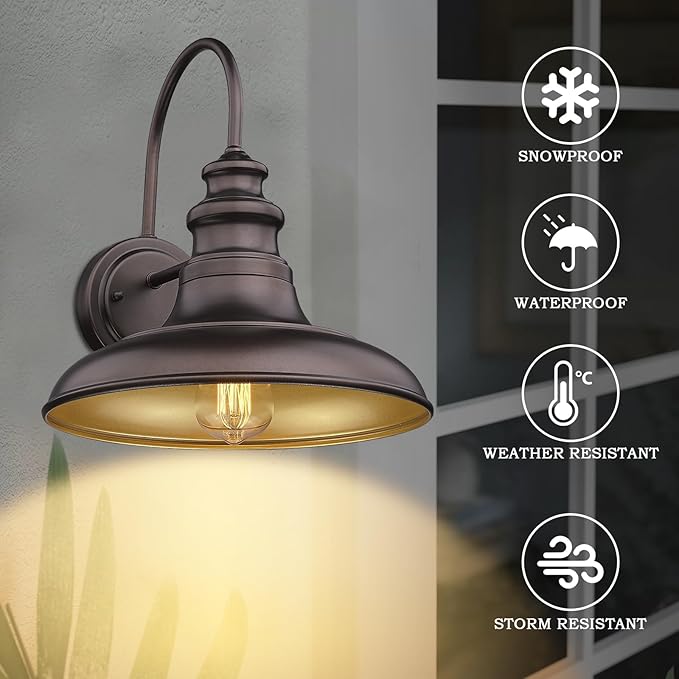 Outdoor Barn Light Fixture Farmhouse Wall Mount Light Wall Sconce Exterior Wall Lighting Fixture Industrial Bronze Finish Lantern for Porch with Gold Interior 1Pack RZ004 ORB