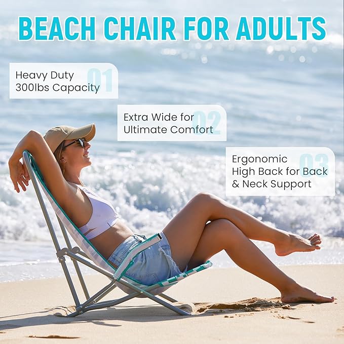 #WEJOY High Back Beach Chair for Adults Heavy Duty Beach Chairs for Adults with Headrest Lightweight Portable Chair for Camping Sand Lawn Support to 300lbs Blue
