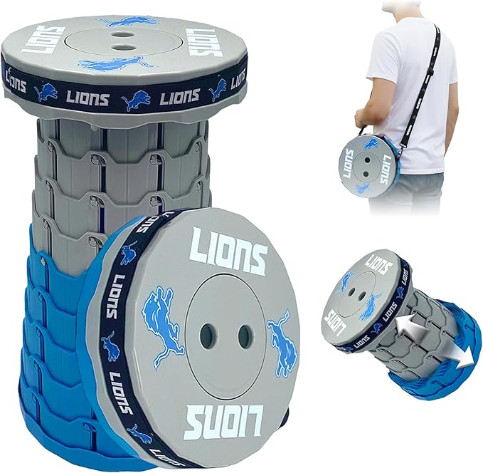 Sporticulture NFL Detroit Lions Telescoping Collapsible Stool 500lbs Max Weight Portable Adjustable Height Folding Camping Stool with Carry Strap Retractable Stadium Have A Seat Outdoor Sports Fan