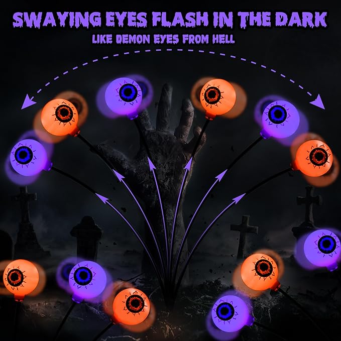 BrizLabs 6 Pack 36 LED Halloween Solar Eyeball Lights 2 Modes Outdoor Halloween Pathway Lights Solar Spooky Path Light Waterproof Swaying Firefly Lighting for Yard Garden Lawn Orange &amp Purple