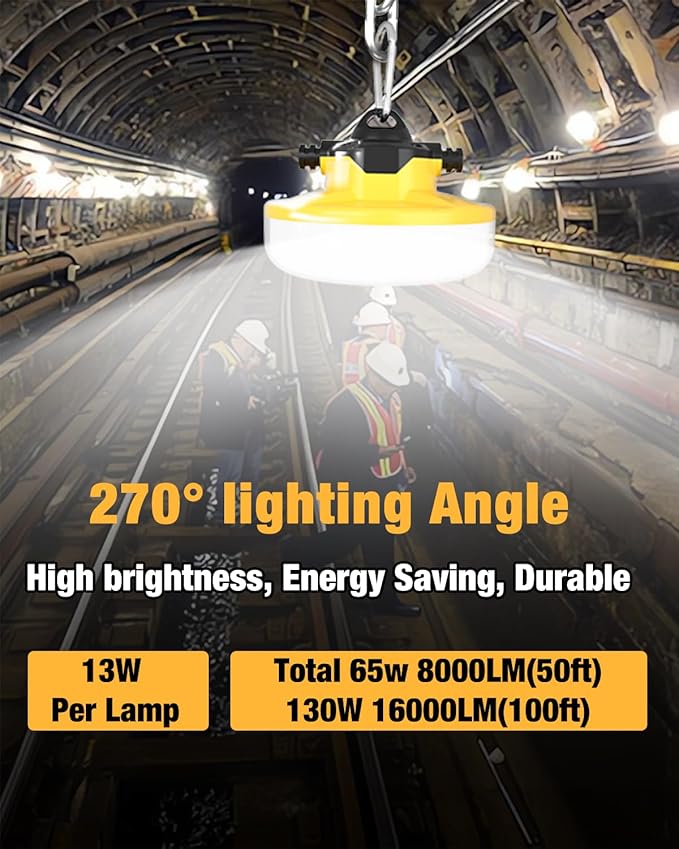 LED Construction String Light 50FT 65W 8000Lm Industrial LED String Work Lights with 5 Bulbs 5000K Linkable Work Lights Temporary Lighting for Construction Site Job Site Attic Crawl Space
