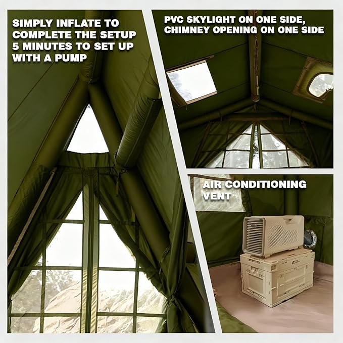Inflatable Tents for Camping 8-10 Person Luxury Inflatable Tent House with Stove Jack Waterproof Portable Inflatable Camping Tent with Rainfly
