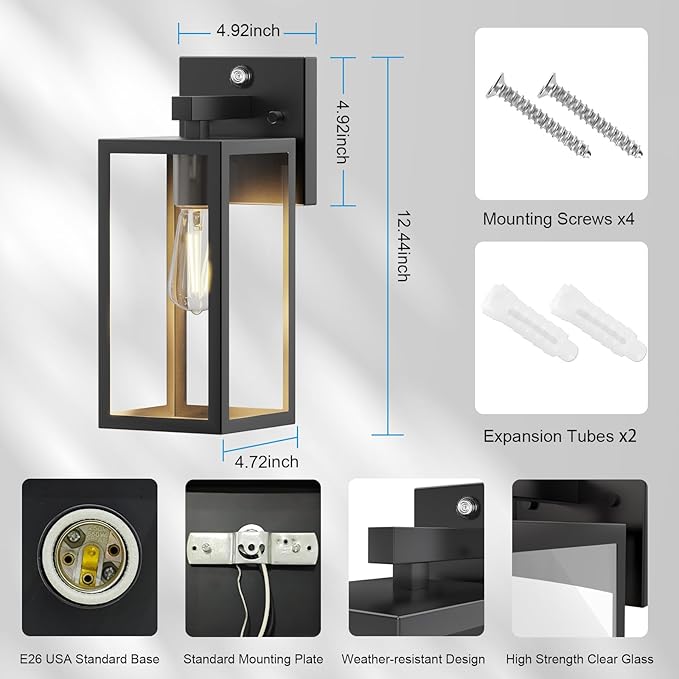 Kalium Dusk to Dawn Porch Outdoor Light 2 Pack Wall Light Fixtures Waterproof Exterior Wall Sconce Light Fixture with E26 Base for Patio Entryway Hallway (Bulb not Included)