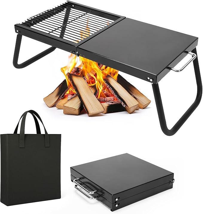 Folding Campfire GrillEnameled Coating Grate Heavy Duty Camp Grill Grate Portable Camping Grates Over Fire Pit Campfire Grill Cooking Equipment with Carrying Bag for Outdoor Cooking