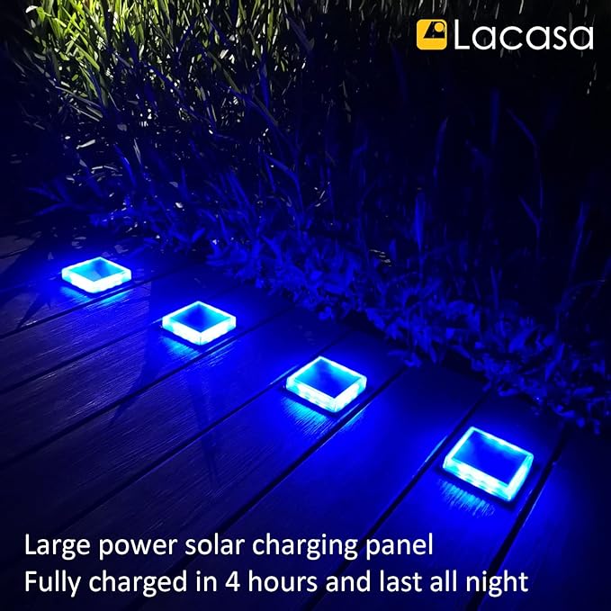 Lacasa Blue Solar Deck Lights 4 Pack Dusk to Dawn Large Battery Step Lights Big Solar Powered Waterproof Dock Lights LED Solar Lights Outdoor Garden Stair Driveway Walkway Pathway Warning Lamp