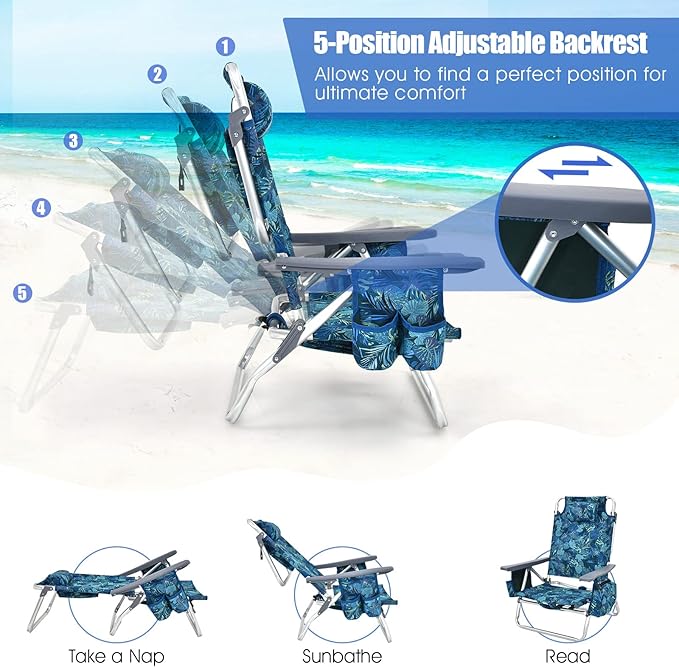 Backpack Beach Chair 5 Position Adjustable Camping Chairs with Aluminum Table Head Pillow Cooler Bag Cup Holders Folding Beach Chairs for Adults (with Table Blue Leaves)