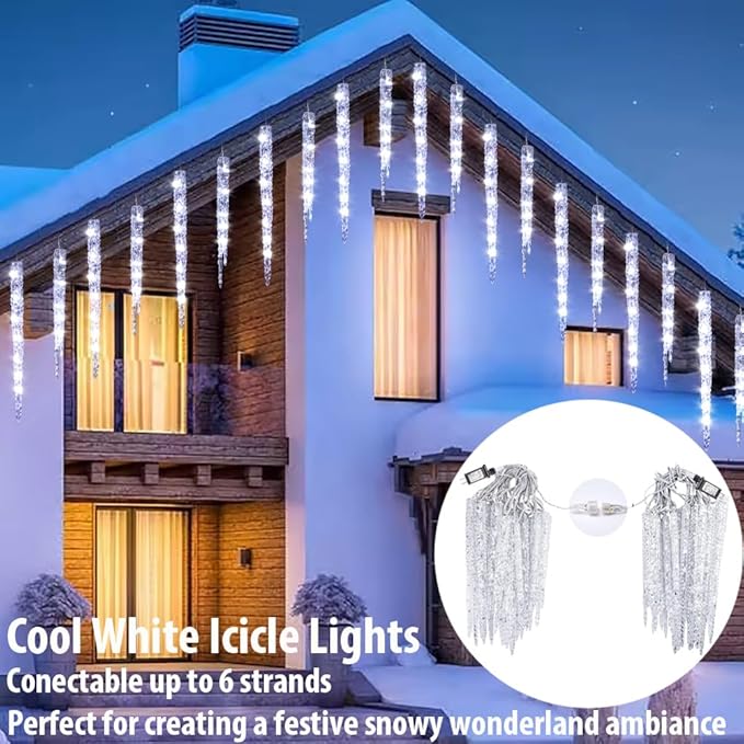 Cool White Christmas Icicle Lights - 20 Large Tubes Outdoor/Indoor Crystal Ice Hanging Lights 29FT 8 Mode with Timer Meteor Shower LED Light for Decoration