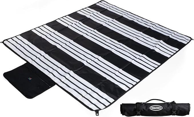 Wacho Waterproof Picnic Blanket – Large Sandproof Outdoor Mat with Carry Bag for Beach Camping Park &amp Travel – Foldable Lightweight Easy to Clean &amp Portable Ground Cover for Families–Black