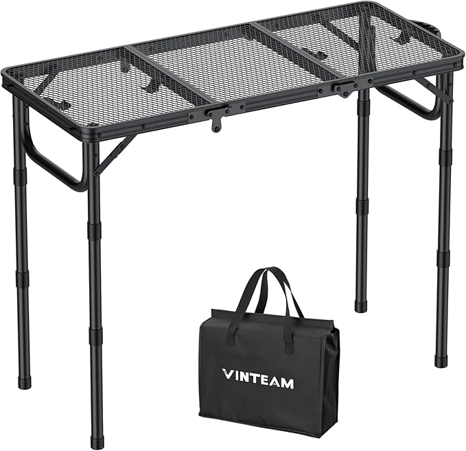 VINTEAM Folding Grill Table with Mesh Top 3 Adjustable Heights Lightweight Portable Camping Table Black Aluminum Alloy BBQ Picnic Table for Outdoor Cooking Tailgating Beach RV &amp Backyard