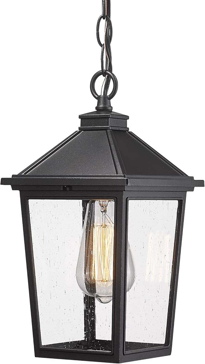 Outdoor Pendant Lights HWH Farmhouse Exterior Hanging Porch Light Outside Hanging Lantern with Height Adjustable Chain Matte Black Finish with Seeded Glass 5HX64H BK