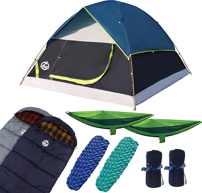 Northroad 9PCS Camping Tent Kit Including 1 2/3 Person Dome Tent 2 Sleeping Bag 2 Sleeping Pad/Camping Mat 2 Single Camping Hammock with 2 Tree Straps 2 Lightweight Fuzzy Bed Blanket
