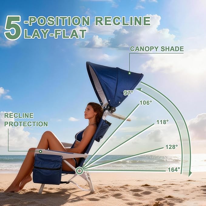 Romswi Beach Chair with Canopy Shade for Adults 1 Pack Aluminum Folding Chairs with Detachable &amp Adjustable Umbrella 5-Position Lay Flat Cooler Bag Cup &amp Phone Holder Towel Bar Navy Blue