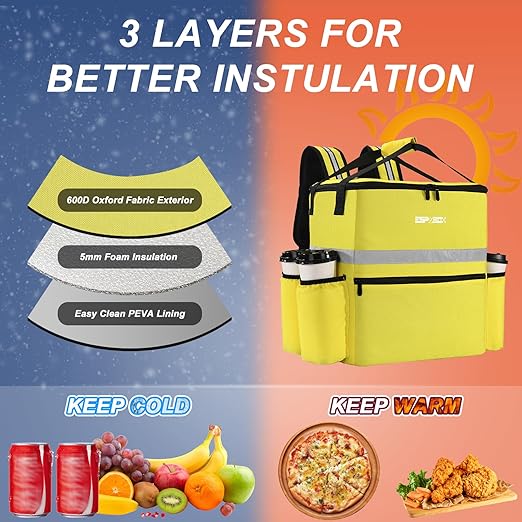 Food Delivery Backpack with 4 Cup Holders - Insulated Pizza Bag for Delivery Bike - Large Leakproof Bags for Hot/Cold Food - Ideal for Uber Eats Doordash Postmates (Yellow)
