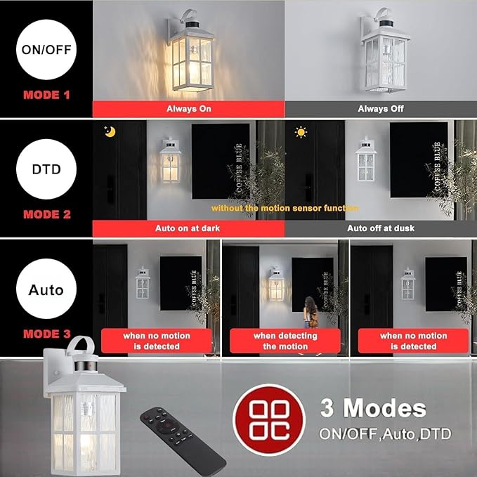 Porch Lights Outdoor with Remote Control: 2 Pack Motion Sensor Exterior Lighting Fixtures Intelligent 3 Lighting Modes Outdoor Wall Lights Sconce Lights for House Patio Front Door Garage