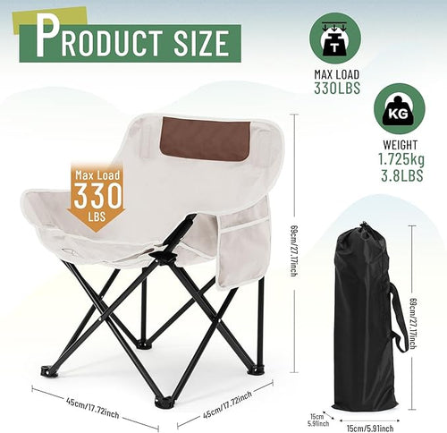 2 Pack Compact Camping Chairs Portable Folding for Outside with Carry Bag Lightweight Moon Chairs for Travel Picnic Hiking Beach Fishing 600D Oxford Supports 330lbs(White Black)