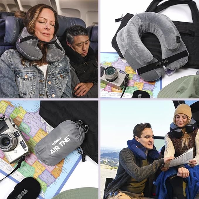 Cabeau Inflatable Travel Pillow – Air TNE – Adjustable Lightweight and Supportive for Sleeping on Airplanes Trains and Cars– Customized Fit and Compact Carrying Case (Midnight Black)
