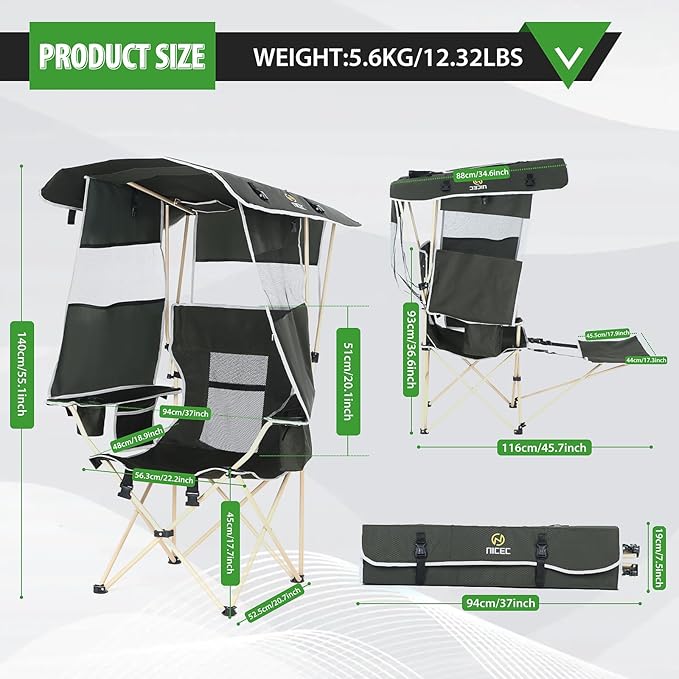 Nice C Chair with Canopy Umbrella Chairs Chair with Shades Sports Chairs w/Removable Footrest Cooler Bag Cup Holder for Camping Fishing Sports Soccer Beach (1-P Green)
