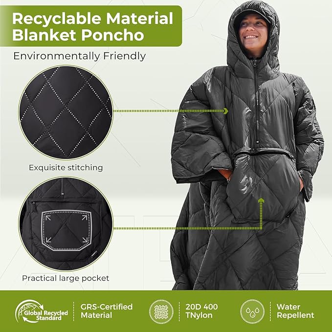 ATEPA Wearable Sleeping Bag Recycled Warm Winter Camping Blanket Wearable Poncho for Outdoor Stadium Sports Women Men