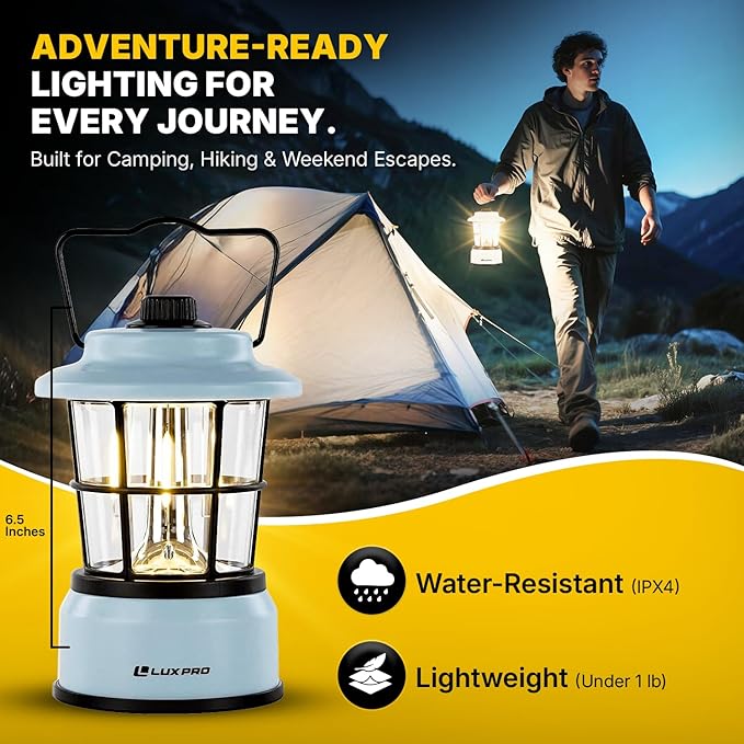 LUXPRO Retro LED Lantern - Battery-Powered Emergency Lantern - Water Resistant - Bright LED Lamp for Indoor &amp Outdoor Use - Use for Tents Hiking or Hurricane Prep (Blue Pack of 2)