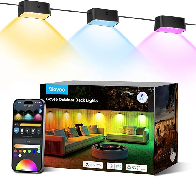 Govee Outdoor Deck Lights RGBIC Outdoor Lights with 4000K White Light IP65 Smart Fence Lights with App Control Voice Control LED Path Light for Outdoor DecorWired 6 Packs (32.8ft)