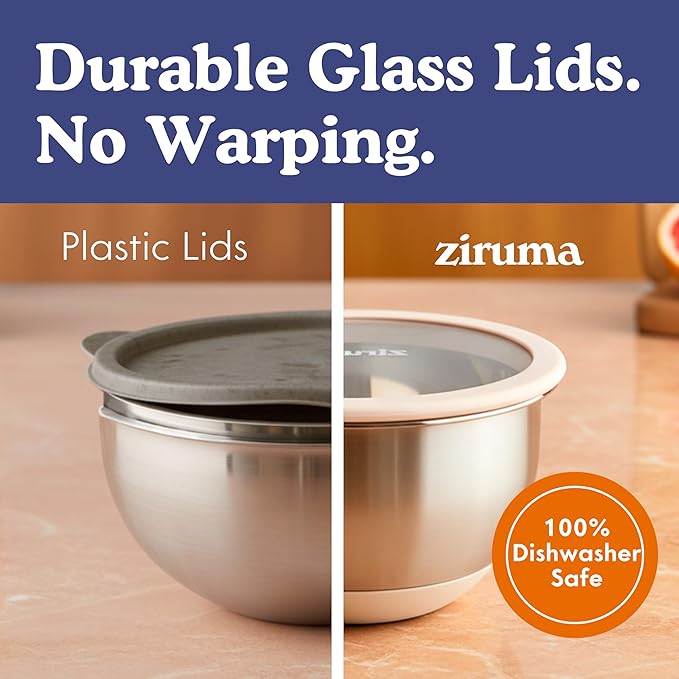 Ziruma Non-Toxic Mixing Bowls with Lids Set Stainless Steel &amp Glass 5 Pcs Plastic Free Bowls with Silicone Non-Slip Base Dishwasher Safe Mixing Bowl Set