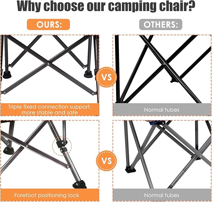 LEADALLWAY Folding Camping Chair Oversized Collapsible Camp Chair with Cup Holder and Removable Storage Bag Heavy Duty Support 351 LBS Portable Lawn Chair for Outdoor Camp Picnic Travel Fishing