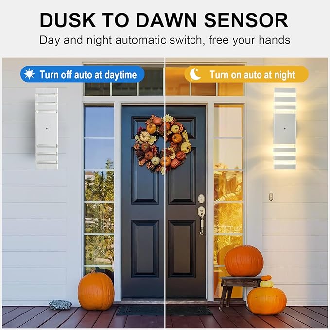 Dusk to Dawn Outdoor Wall Lights 2 Pack White Front Porch Light Fixture Anti-Rust Black LED Up and Down Outdoor Lights for House Hallway Garage Entryway