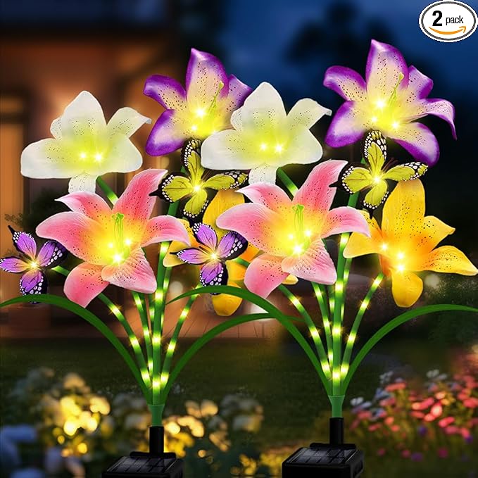 Solar Garden Lights 2 Pack with 8 Lilies Outdoor Decorative Flower Lights for Garden Gift for Family and Friends IP65 Waterproof Flower Solar Outdoor Stake Lights for Yard Patio Lawn Pathway
