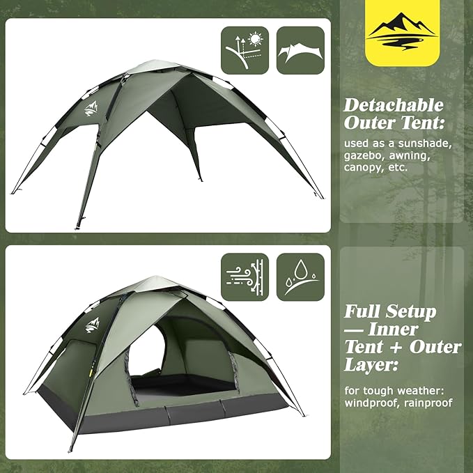 2-3 Person Camping Tent Instant Pop Up Tents for Camping - 40s Automatic Easy Setup Tent with Rainfly Double-Layer 3500mm Waterproof &amp Windproof Instant Tents for Hiking Backpacking