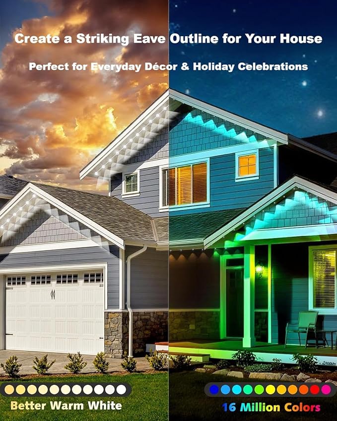 Permanent Outdoor Lights Pro100ft RGB+IC Smart Outdoor DecorApp/RemoteChristmasHalloweenMulti Scene ModesIP67 WaterproofEaves Light with Daily &amp Holiday Party DecorHouse Roof Lighting