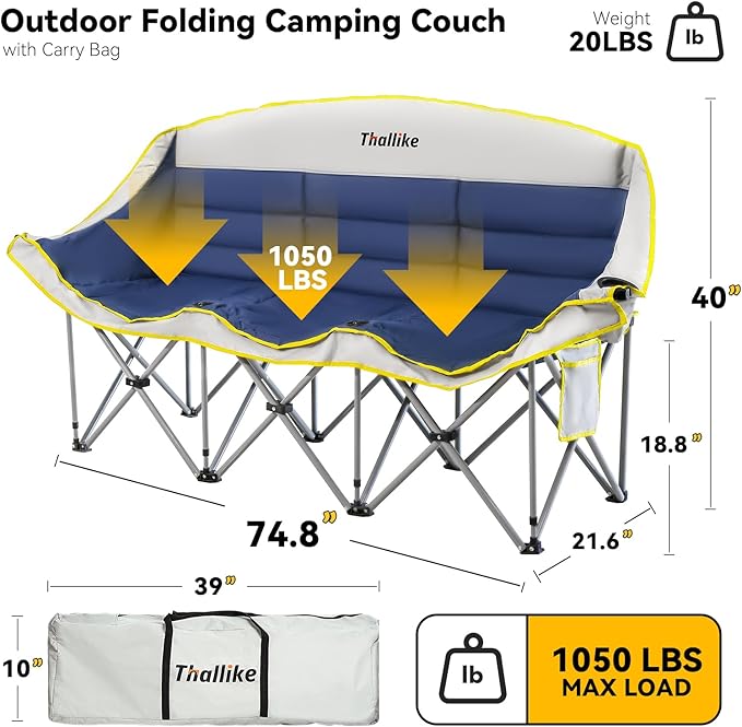 Double Camping Chair – 2-3 Person Outdoor Folding Sofa with Cup &amp Wine Glass Holders – Oversized Loveseat Camping Couch for Campfire RV Backyard – Supports Up to 1050 lbs