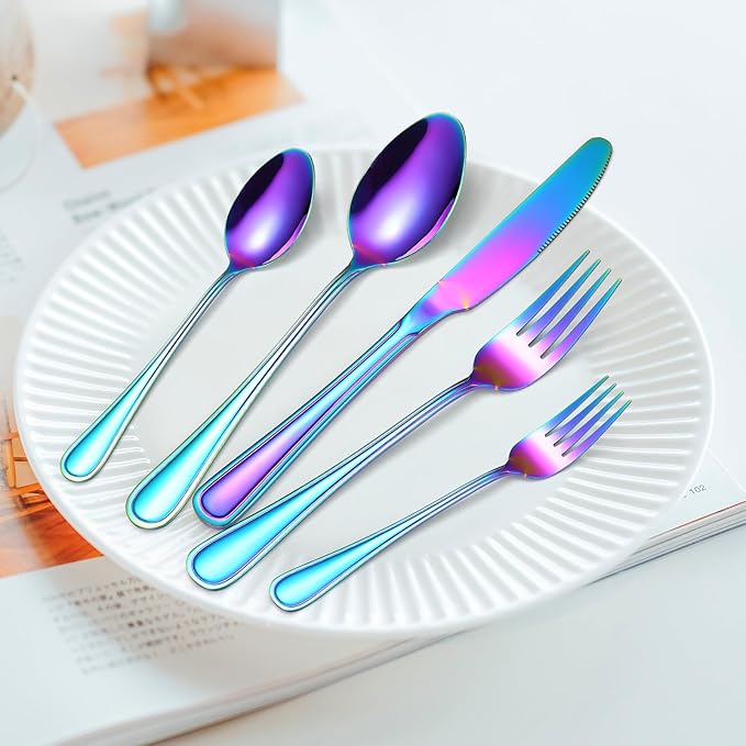 Colorful Forks Spoons Knives Silverware Rainbow Flatware Set for 4 Kitchen 20 Pieces Stainless Steel Cutlery Modern Eating Utensils Double Line Edges Handle