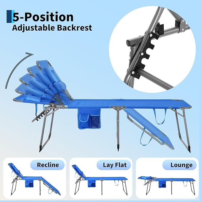 Tanning Chair with Face Hole Folding Beach Lounge Chair5-Position Adjustable Backrest Pillow &amp Side PocketPortable Face Down Chaise Lounge for Outdoor Backyard PoolsideBeach PatioBlue