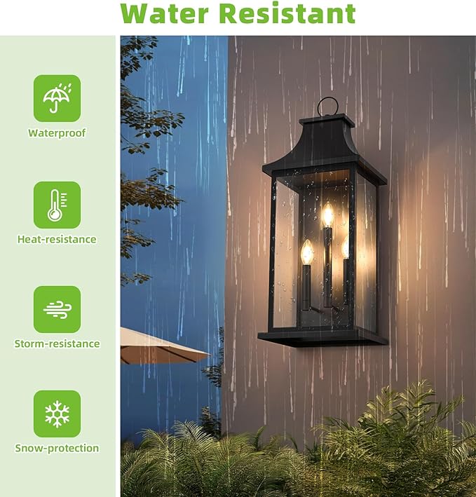 tewei 28'' Dusk to Dawn Large Outdoor Wall Light Porch Light Outdoor Wall Sconce Lantern 3-Light Black Exterior Lighting Fixture Wall Mount Outside Light for House Garage 1-Pack