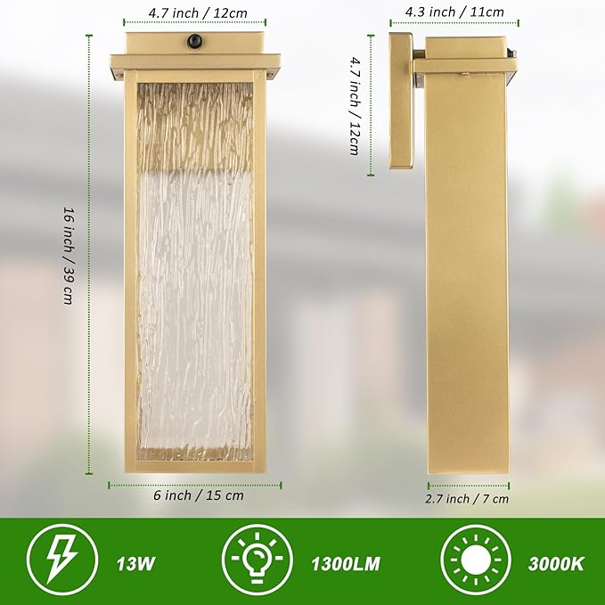 16 Dusk to Dawn LED Outdoor Light 2 Packs Gold Outside Porch Lights Wall Mount Large Exterior Lighting Fixtures with Rippled Glass Waterproof Modern Wall Lantern for House Patio