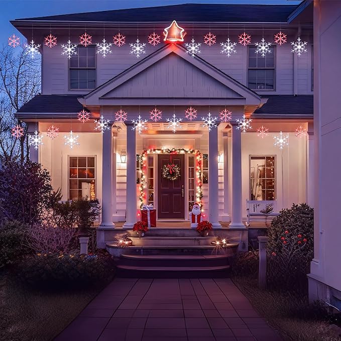 Christmas Snowflake Icicle Lights-9ft 150LED Twinkling Christmas Lights with Timer Waterproof Connectable Hanging 10 Drop for Eave Window Porch Xmas Indoor Outdoor Decoration (Red and White)