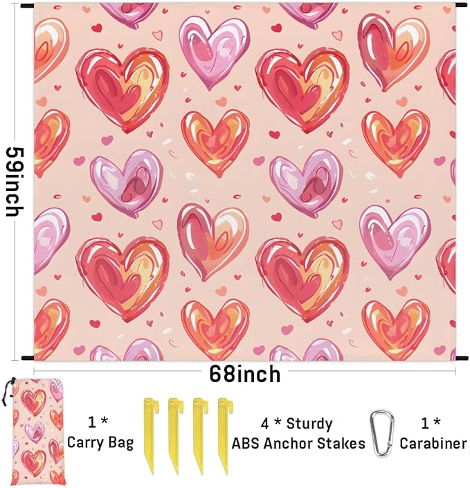 Waterproof Sandproof Beach Blanket 59''×68'' Shape-Heart Polyester Outdoor Picnic Blanket with 4 Stakes &amp Storage Bag for BeachCampingVacation Orange &amp Purple