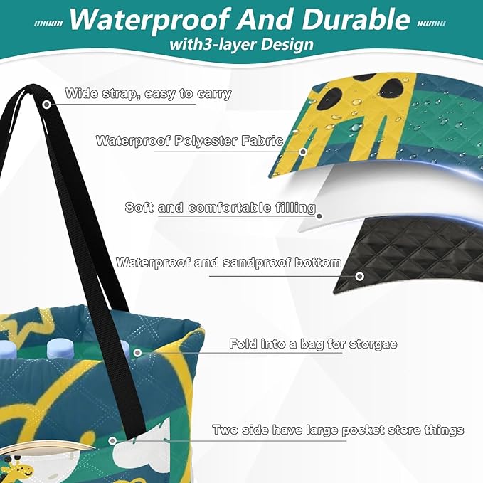 KLL Funny Giraffe Monkey Stripe Green Blue Waterproof Picnic Accessories Sand Free Grass Camp Rug for Outdoorsy People Couples Gift estera de playa