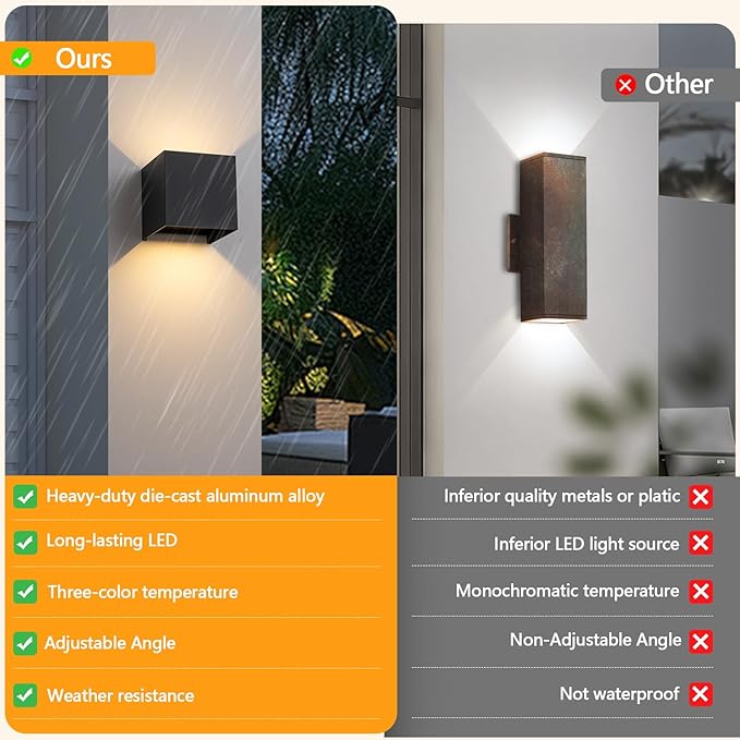 Outdoor Wall Sconces Exterior/Interior LED Wall LightsSquare Modern Wall Sconce Fixture Set Up and Down Lights IP65 Outdoor Waterproof Lights (3.94in-12w-warm 3000k-Black（1pack）)