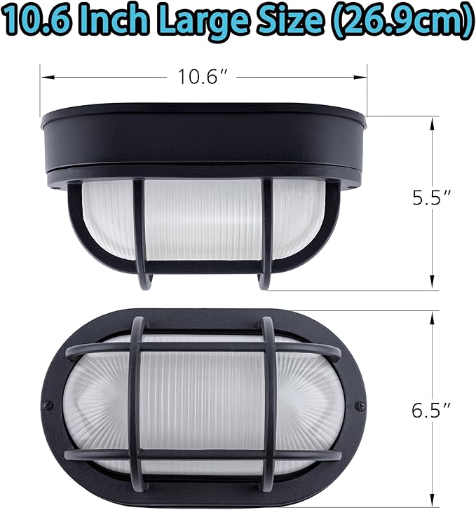 YoonLIT 10.6 Inch Outdoor Oval LED Bulkhead Light Fixture Wall or Ceiling Flush Mount Waterproof for Porch Basement Hallway Balcony 14.5W 1200 LM 3000K Matte Black Finish 1-Pack