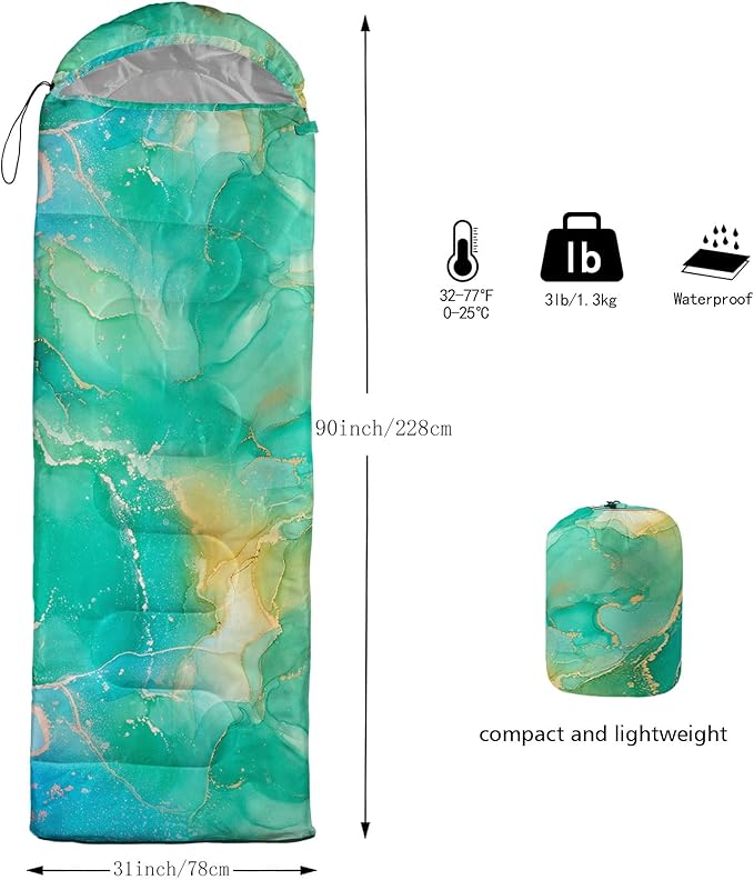 Kids Sleeping Bag for Boys GirlsGreen Theme Print-Lightweight Warm Portable Outdoor Indoor-Waterproof Cold Weather Resistant Sleeping Bag for Camping Hiking(Green Theme)