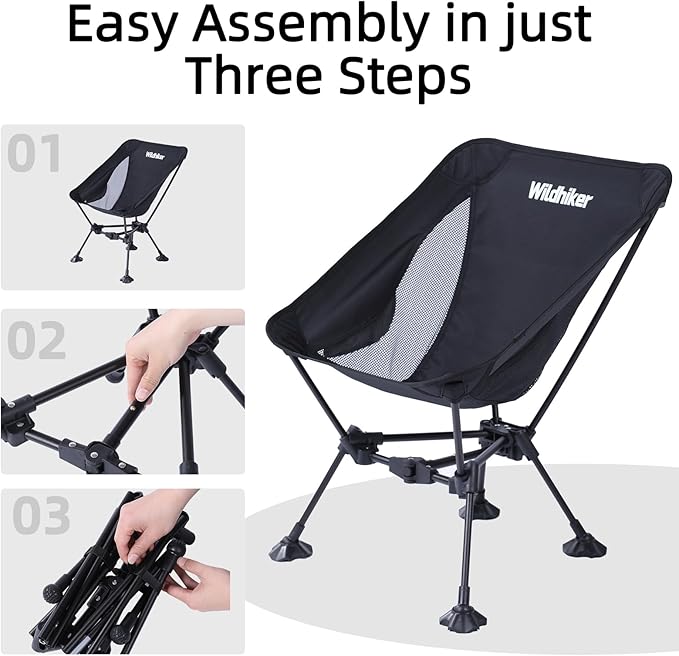 Wildhiker Ultralight Backpacking Chair – Compact Camping Chairs for Adults with Pouch Weighs 2.8 lbs with Anti-Sinking Large Feet for Beach Hiking Motorcycle Travel Festival – Black 2pcs
