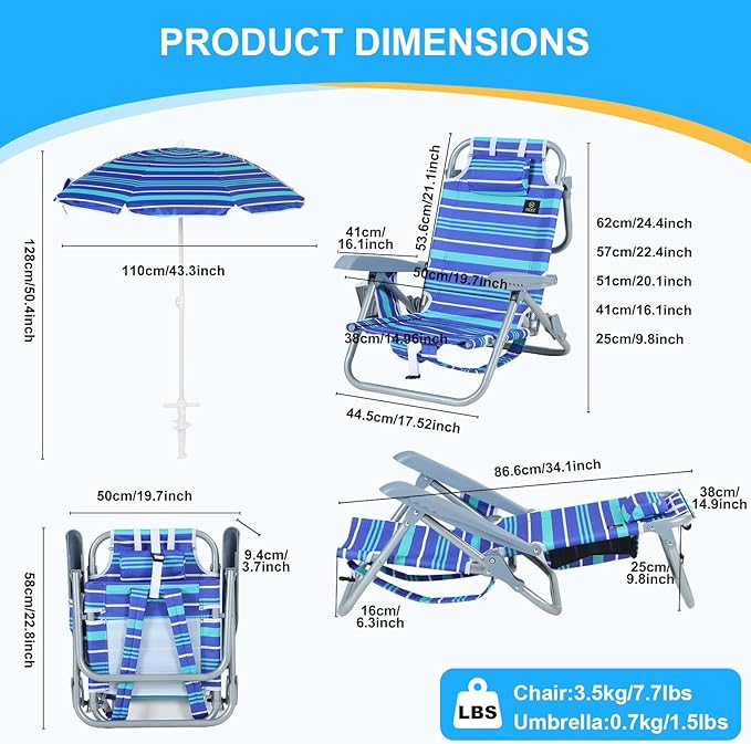 Nice C Toddler Beach Chair Kids Beach Chair with Umbrella Backpack Beach Folding Chairs Backpack Camping Chairs 5-Position Reclining with Cup Holder for Beach Camping Picnic (2 Pack)