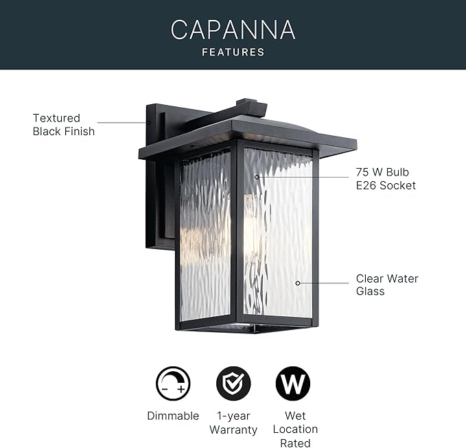 Kichler Capanna 13.25 Outdoor Wall Light in Black 1-Light Exterior Wall Sconce Porch Light with Clear Water Glass (13.25 H x 8.5 W) 49925BKT